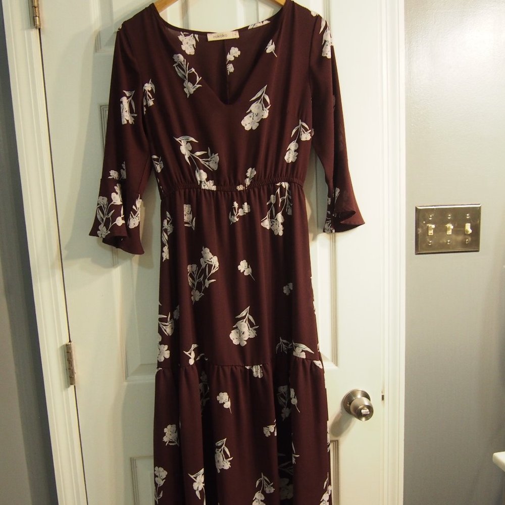 Plum Floral 3/4 Sleeve Midi Dress